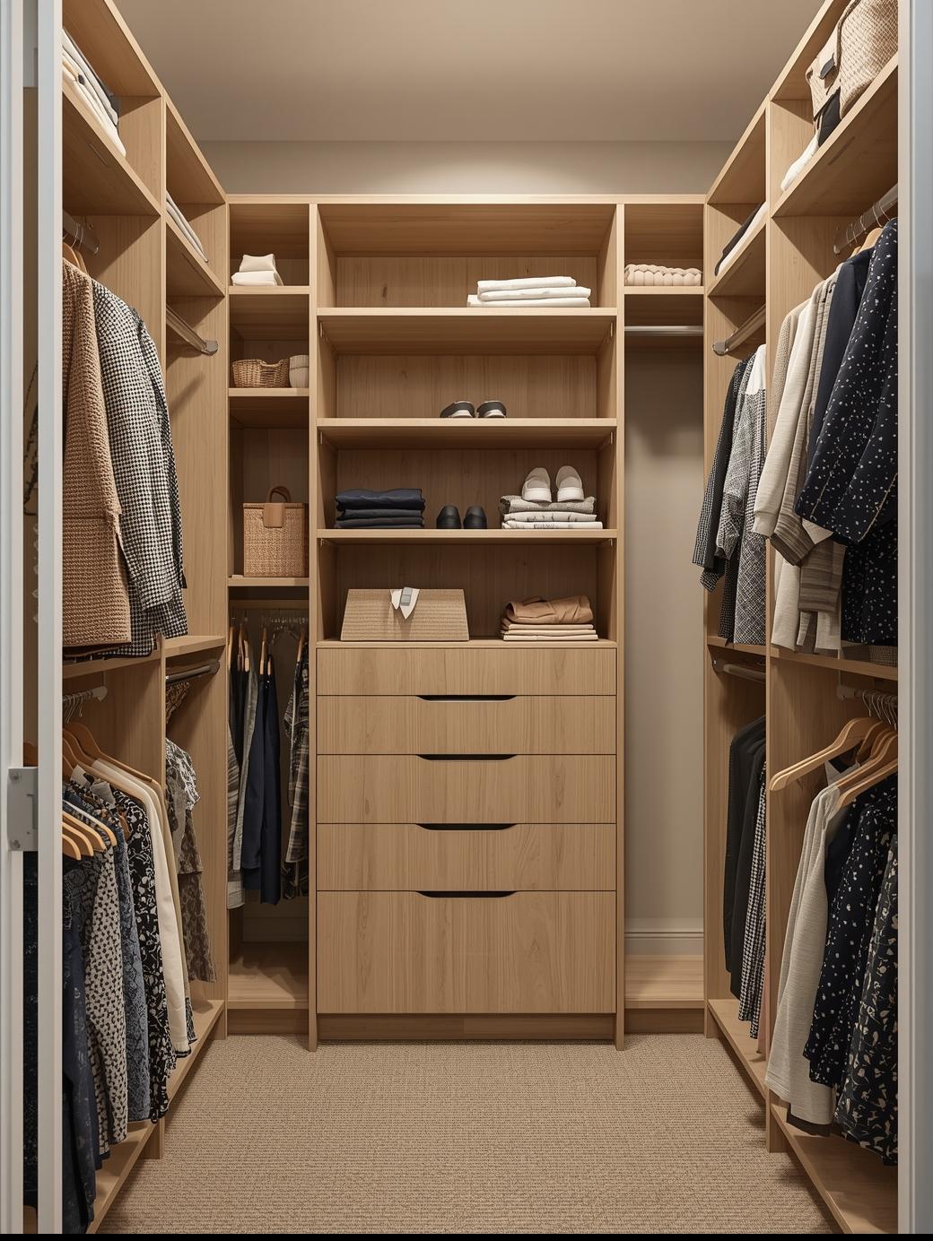 Custom light-oak walk-in closet with dual hanging rails and open shelving — GTA Custom Closets Oakville