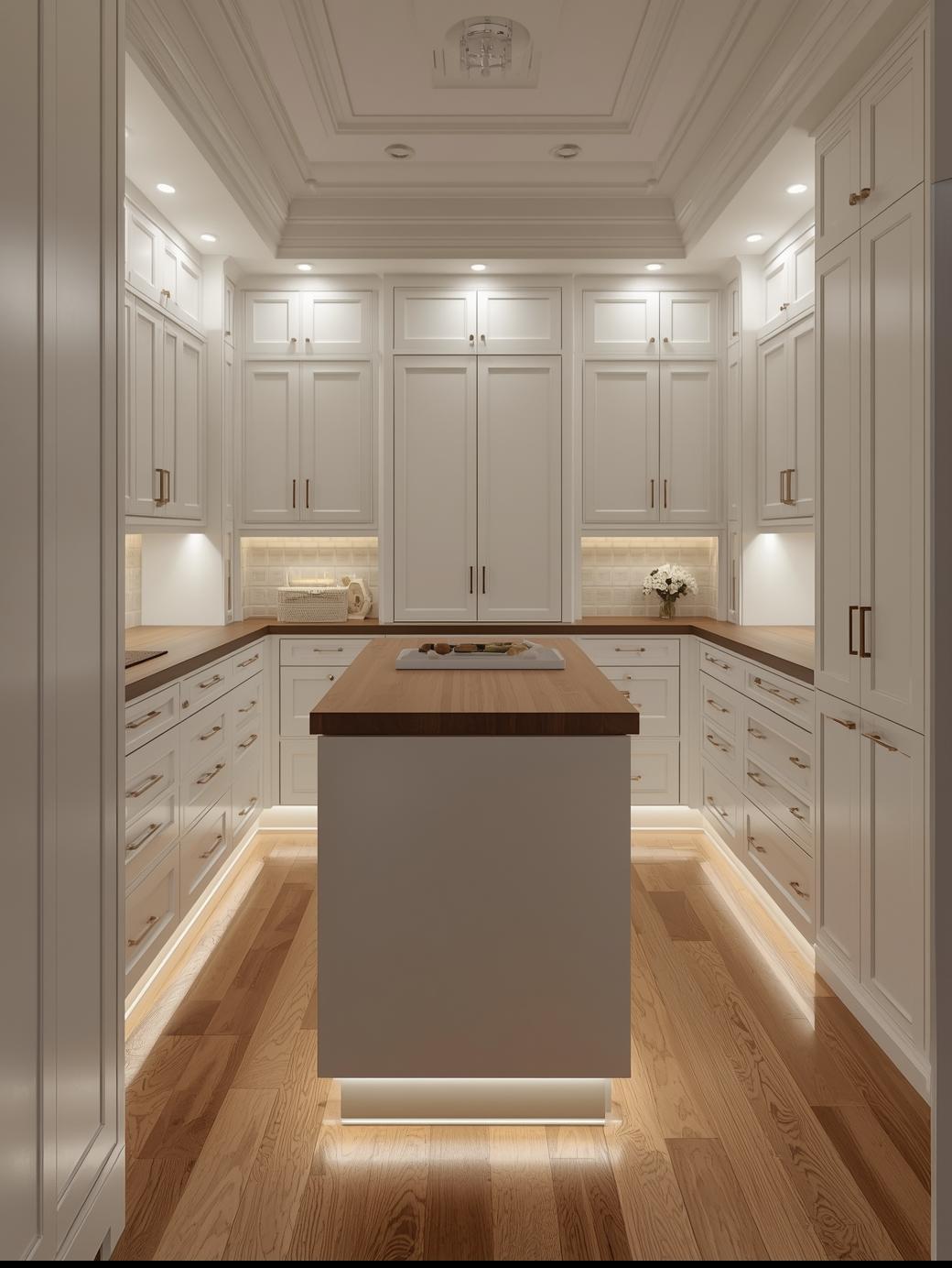 Luxury custom butler's pantry with floor-to-ceiling white shaker cabinetry and walnut island — GTA Custom Closets