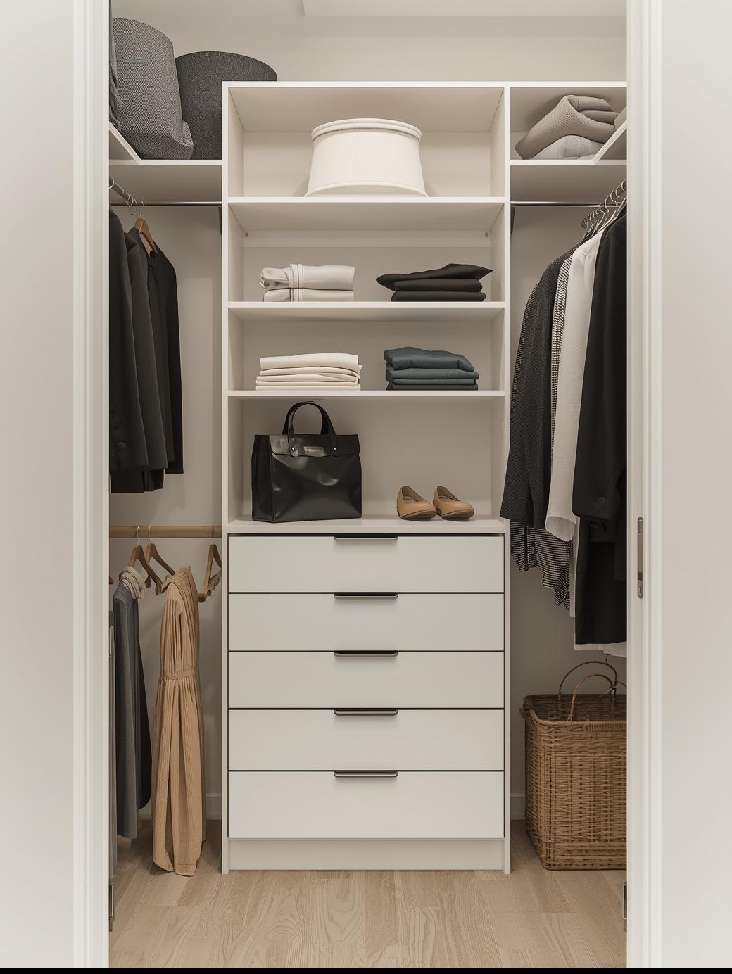 Clean minimalist white reach-in closet with organised shelves and built-in drawers by GTA Custom Closets